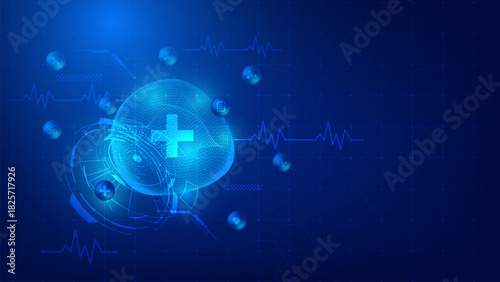 Futuristic medical technology background. Glowing cross symbol, heartbeat lines, and health icons on blue digital banner with copy space.