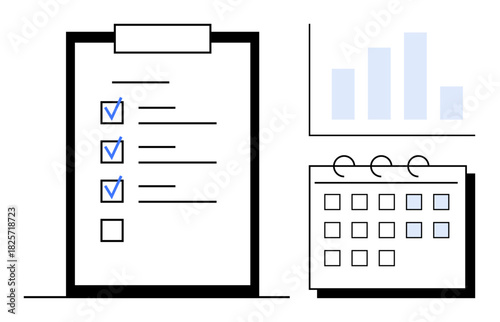 Checklist on clipboard with ticked tasks, grid calendar, and bar graph. Ideal for organization, productivity, scheduling, task management, goal tracking time management planning. Simple flat