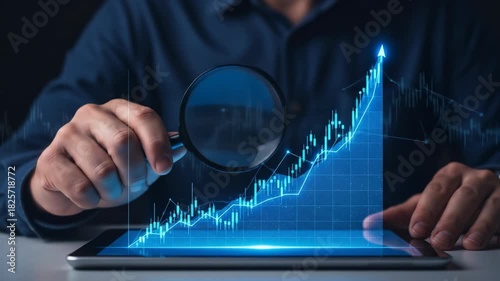 Businessman analyzing growth chart on tablet with magnifying glass, dark office