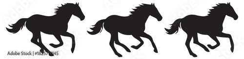 Horse silhouettes isolated on white background. Three black silhouettes of horses galloping, depicted in motion against. Their dynamic poses, flowing manes suggest speed, freedom.  Vector illustration