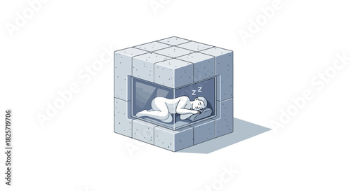 A person finds peaceful sleep while curled up inside a small stone cube