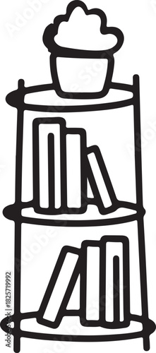 Three tier circular shelf line drawing with plant and books vector illustration