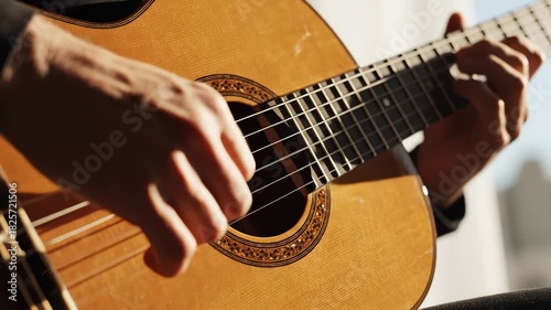 Playing Classical Guitar, Close Up of Hands Plucking Strings