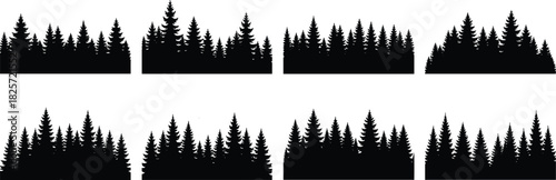 Silhouette pine tree forest border collection design, evergreen woodland landscape edges, nature illustration set for graphic decoration and printing