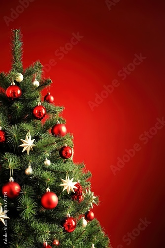 Festive Green Christmas Tree with Red and White Ornaments on a Vibrant Red Background Perfect for Holiday Greeting Cards and Seasonal Decorations
