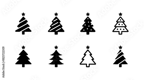 Black and White Christmas Tree Silhouettes Collection Minimalist Design Holiday Seasonal Decorative Icons Set Vector Illustration