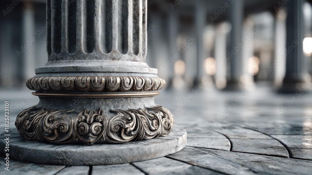 Obraz premium A close-up view of an ornate marble column with intricate details, set in a spacious architectural environment featuring blurred columns in the background.