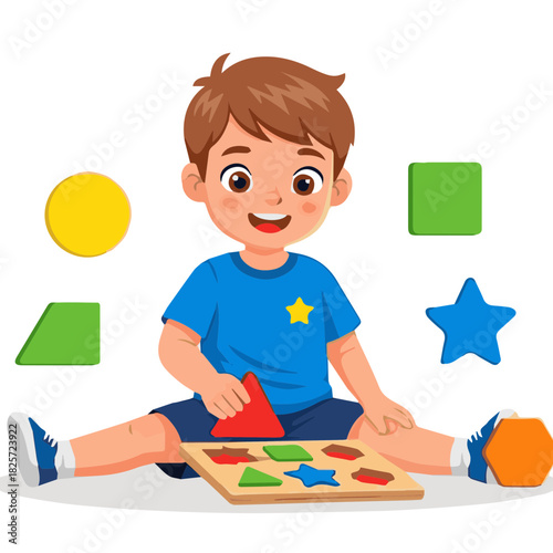 Vector illustration of a little boy sitting and playing with colorful geometric shapes (circle, square, triangle, star) on the floor. Represents early learning, development, and play time.