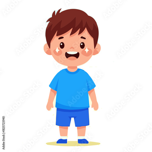 Full-body vector illustration of an adorable little boy with brown hair, wearing a blue t-shirt and shorts, standing and smiling happily. Represents childhood, happiness, and innocence.