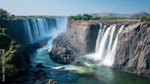 Waterfalls pour dramatically into a winding river, surrounded by lush greenery and rocky cliffs. The bright sky enhances the serene beauty of this breathtaking scene