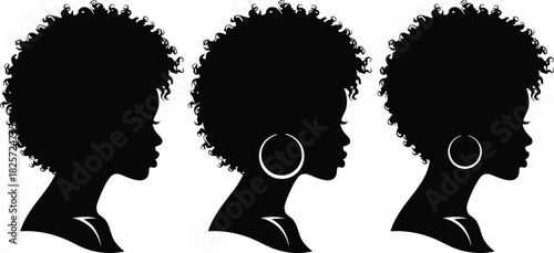 Silhouette profiles of three African American women with curly afro hairstyles, elegant female head vector illustration showing natural beauty and style