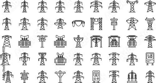 High voltage electricity tower and power grid icon set, transmission line symbols, energy infrastructure illustration for utility, industry, engineering and design