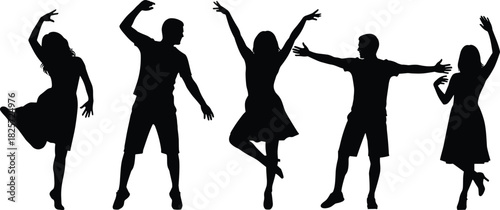 Silhouettes of dancing men and women in dynamic poses, energetic group dance illustration for celebration, party, festival, performance and creative design