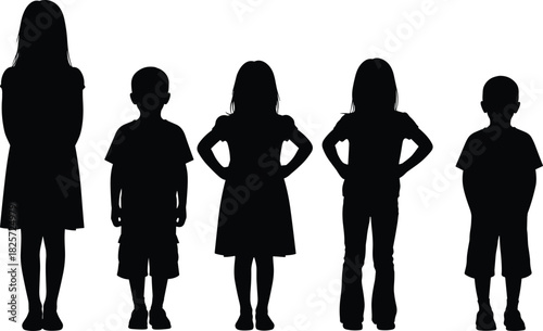 Silhouette of children standing in various poses, boys and girls together, childhood group illustration for education family concepts and creative designs