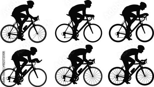 Silhouettes of cyclists riding road bikes in different professional racing positions, dynamic athlete vector illustration for fitness, sports training and competition design