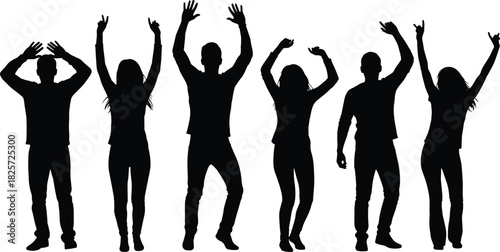 Group of dancing and celebrating people silhouettes, energetic male and female figures raising hands in joyful party poses for creative vector designs