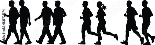 Group of people walking and running silhouettes, men and women exercising outdoors, fitness movement sequence showing various gait positions for health illustration