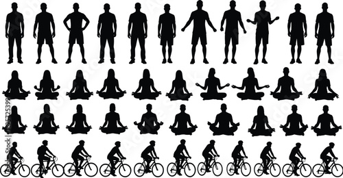 Collection of diverse people silhouettes standing meditating and cycling, black vector human poses set for fitness yoga exercise activity illustrations
