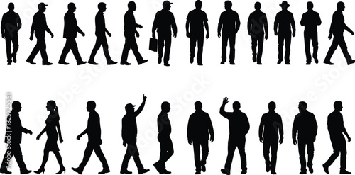 Group of walking people silhouettes in various poses, diverse human figures, business and casual pedestrians isolated on white minimal vector illustration