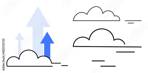Cloud computing concept. Cloud computing and upward arrows portraying data growth and digital progress. Cloud computing transforming technology, data management, and innovation. Perfect