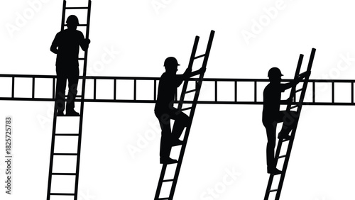 Silhouette construction workers climbing ladders on job site, safety helmet laborers performing elevated tasks in industrial work environment for stock illustration