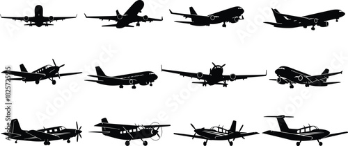 Silhouette collection of commercial airplanes and small propeller aircraft in various angles and positions, aviation transport vector illustration set