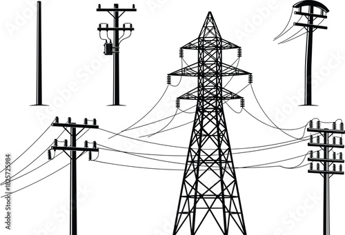 Collection of electricity poles and high voltage transmission tower silhouettes with power lines, utility infrastructure, energy distribution illustration