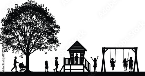 Children playing in park with playground swings, tree, slide and family walking silhouettes representing outdoor fun, childhood activity and happy lifestyle