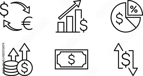 Financial line icons set illustrating money growth, currency exchange, dollar trends, investment analytics, economic chart symbols and business finance concepts