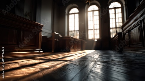 A serene interior space with wooden flooring and large windows, illuminated by soft sunlight, creating a warm and inviting atmosphere.