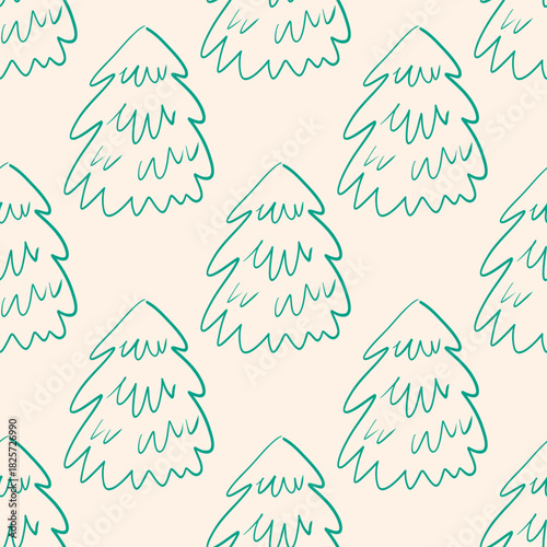 Seamless Hand Drawn Christmas Tree Pattern Design. Pattern for wrapping paper, packaging, fabric design. Whimsical coquette vintage design.