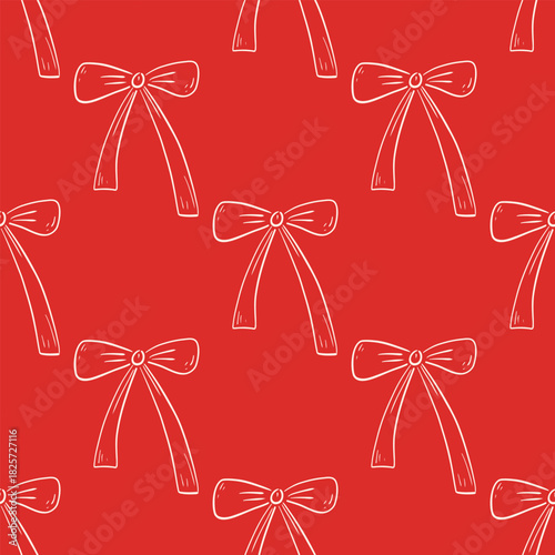 Charming seamless pattern featuring hand-drawn bows on red background, perfect for feminine stationery, gift wrap, decor. Whimsical print