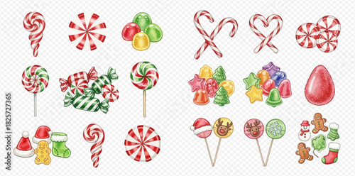Assortment of colorful Christmas holiday candies, featuring peppermint swirls, candy canes, festive lollipops, and various gummy sweets.