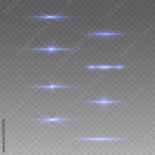 Blue luminous stripe forms a radiant line with glowing reflections and soft neon sparkle points. Smooth light energy enhances the modern style. Vector blue line is isolated on a transparent background