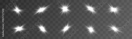 Sparkling star with bright glowing rays creates a soft radiant flash and shimmering particle halo. Luminous starburst adds a magical highlight effect. Vector starlight is isolated on a transparent bac