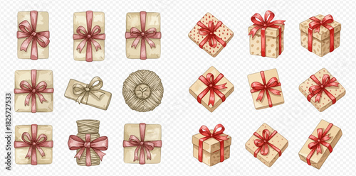 A collection of watercolor-style gift boxes with red and pink bows, perfect for holidays and celebrations.