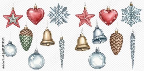 Watercolor Christmas ornaments set with stars, hearts, snowflakes, pinecones, bells, baubles, and icicles on transparent background.
