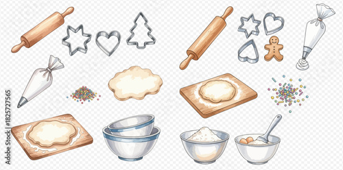 Watercolor illustration of baking ingredients and tools for making cookies, including rolling pins, cookie cutters, dough, flour, bowls, and sprinkles.