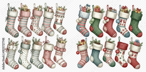 Christmas stockings filled with gifts, featuring various patterns and colors, ready for holiday celebrations.
