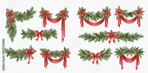 Collection of festive Christmas garlands with green pine branches, red bows, and berries, perfect for holiday decoration designs.
