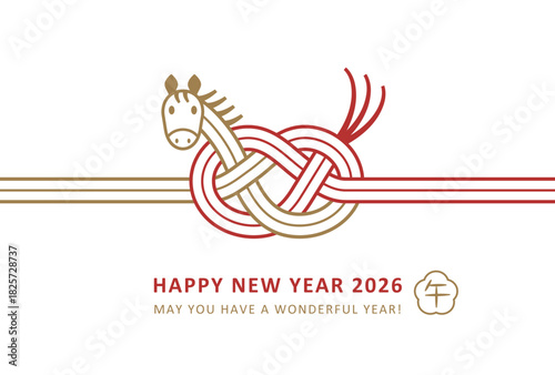 2026年午年年賀状デザイン　赤と金のかわいい馬の水引き
