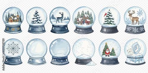 A collection of watercolor snow globes featuring various winter and Christmas scenes, including deer, Santa, houses, and trees.