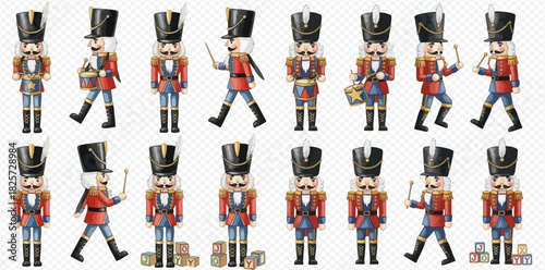 A collection of traditional nutcracker soldiers in various poses and actions.