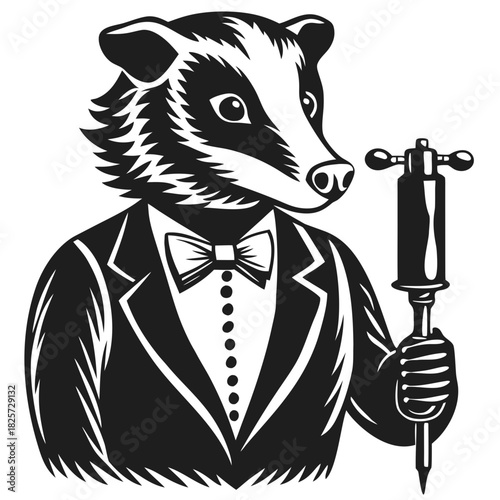 Badger in elegant suit holding tattoo machine, vector illustration