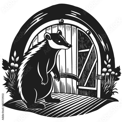 Badger standing by an arched wooden door, whimsical nature scene.
