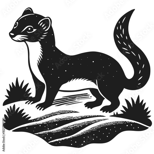 Stylized black and white weasel illustration in natural setting.