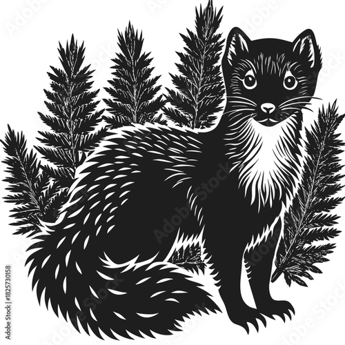 Marten or weasel in forest black and white illustration woodcut