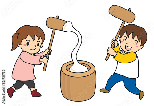 伸びるお餅のお餅つきをする女の子と男の子イラスト