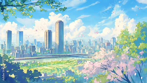 春の訪れを告げる桜と高層ビルが描かれた風景イラスト｜都会の春、新生活、満開、桜並木、オフィス街、春色、背景素材、花見、春の空、ビジネス街、春景色、桜咲く街並み