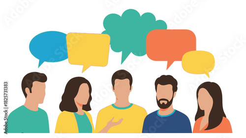 Diverse Group People with Empty Speech Bubbles - Communication, Discussion & Dialogue Illustration